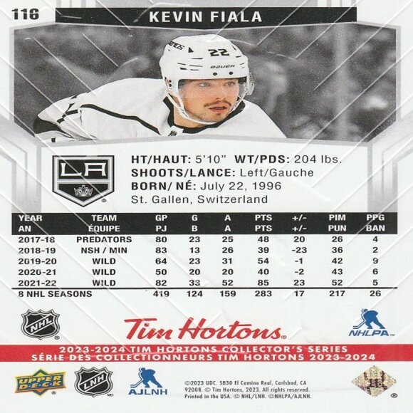 Kevin Fiala - 2023/2024 Tim Hortons Collector's Series Card - Picture 2 of 2